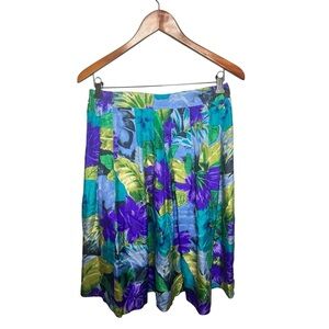 Vintage 100% Silk Croft & Barrow Blue and Green Floral A-Line Skirt M